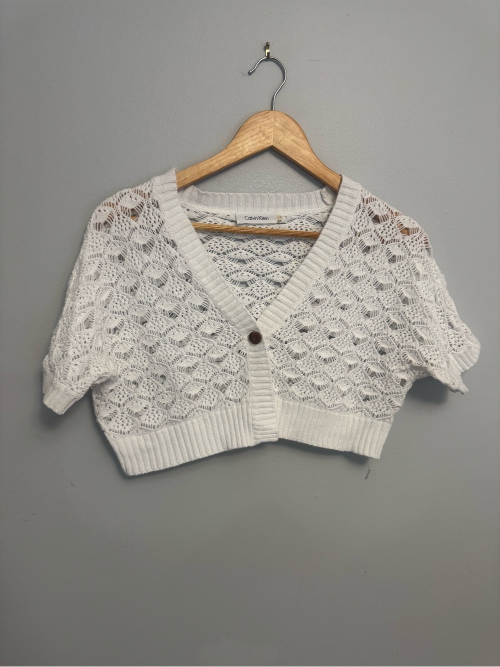Calvin Klein White Pointelle Knit Cropped Short Sleeve Cardigan Size M